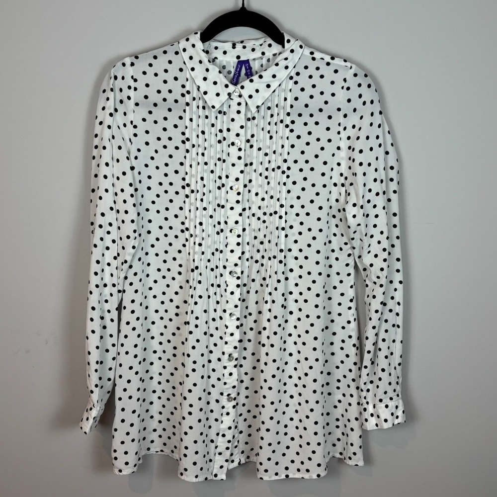 Seraphine Black Polka Dot Pleated Button up Maternity Blouse Womens US 4 Classic